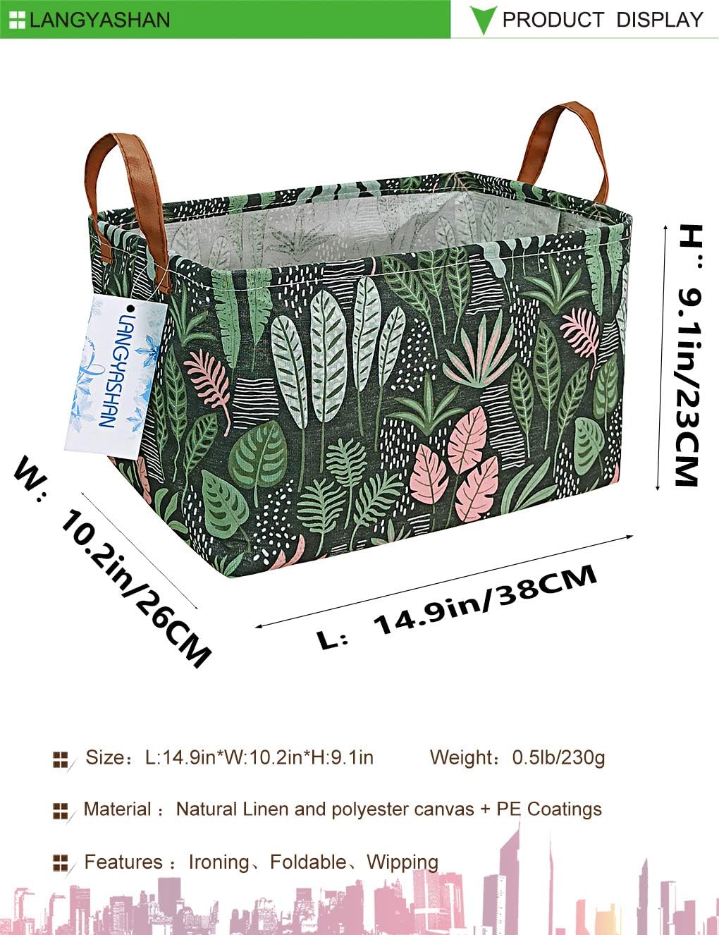 LANGYASHAN Rectangular Storage Bin Collapse Canvas Fabric Cartoon Storage Basket with Handles for Organizing Home Kitchen Boys and Girls Toys Office Closet Shelf Baskets(Rec Full Leaf)