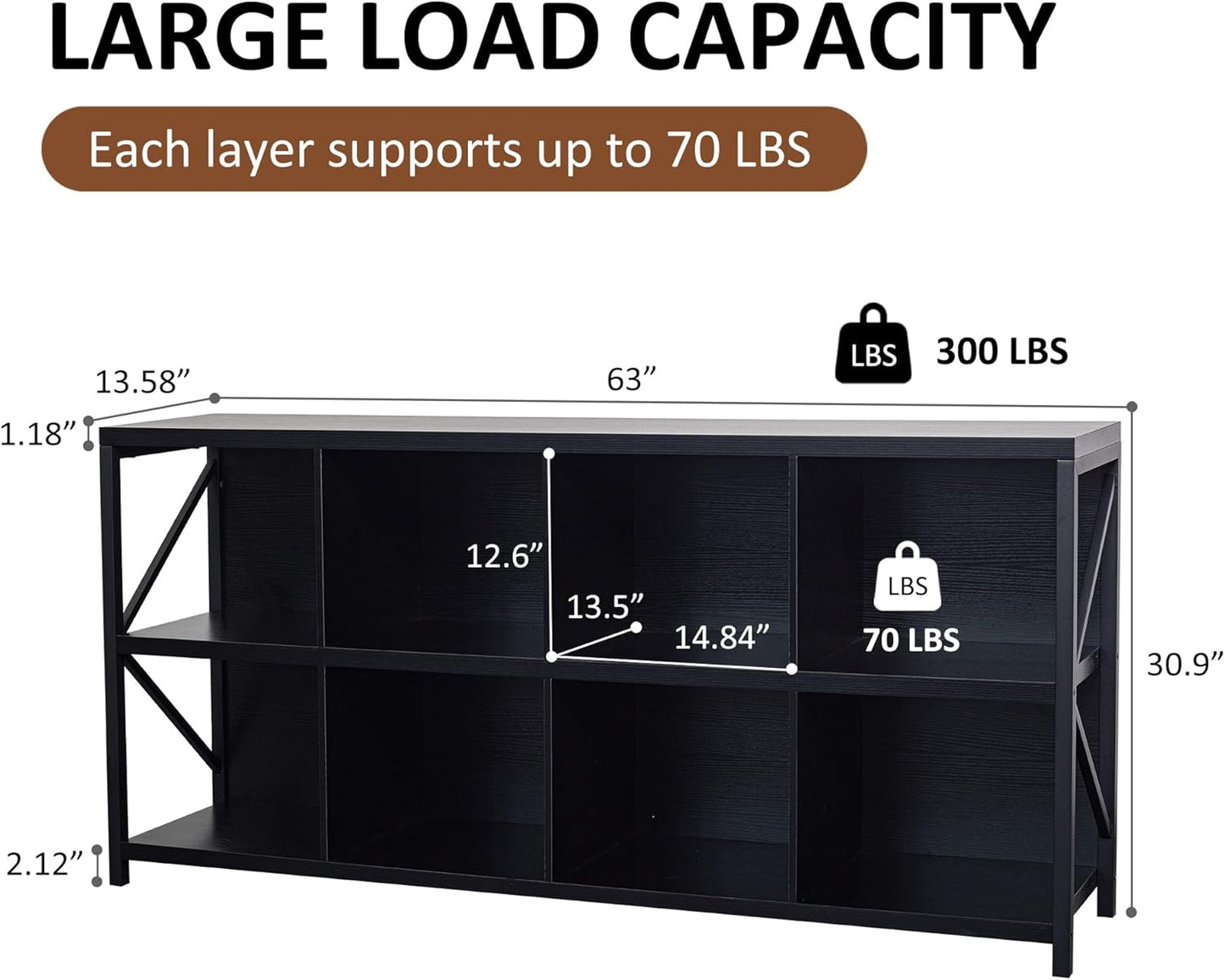 8 Cube Storage Organizer Bookshelf, Industrial Horizontal Bookcase, Accent Cubby Shelf, Media Console Table for Living Room, Home Office, 63 Inches, Black