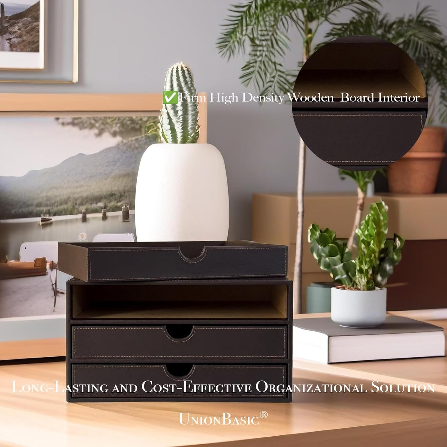 UnionBasic Leather Desktop Drawer Organizer, File Cabinet Magazine Document Holder, Office Supplies Desk Storage Organizer Box, 3 Drawer, Coffee