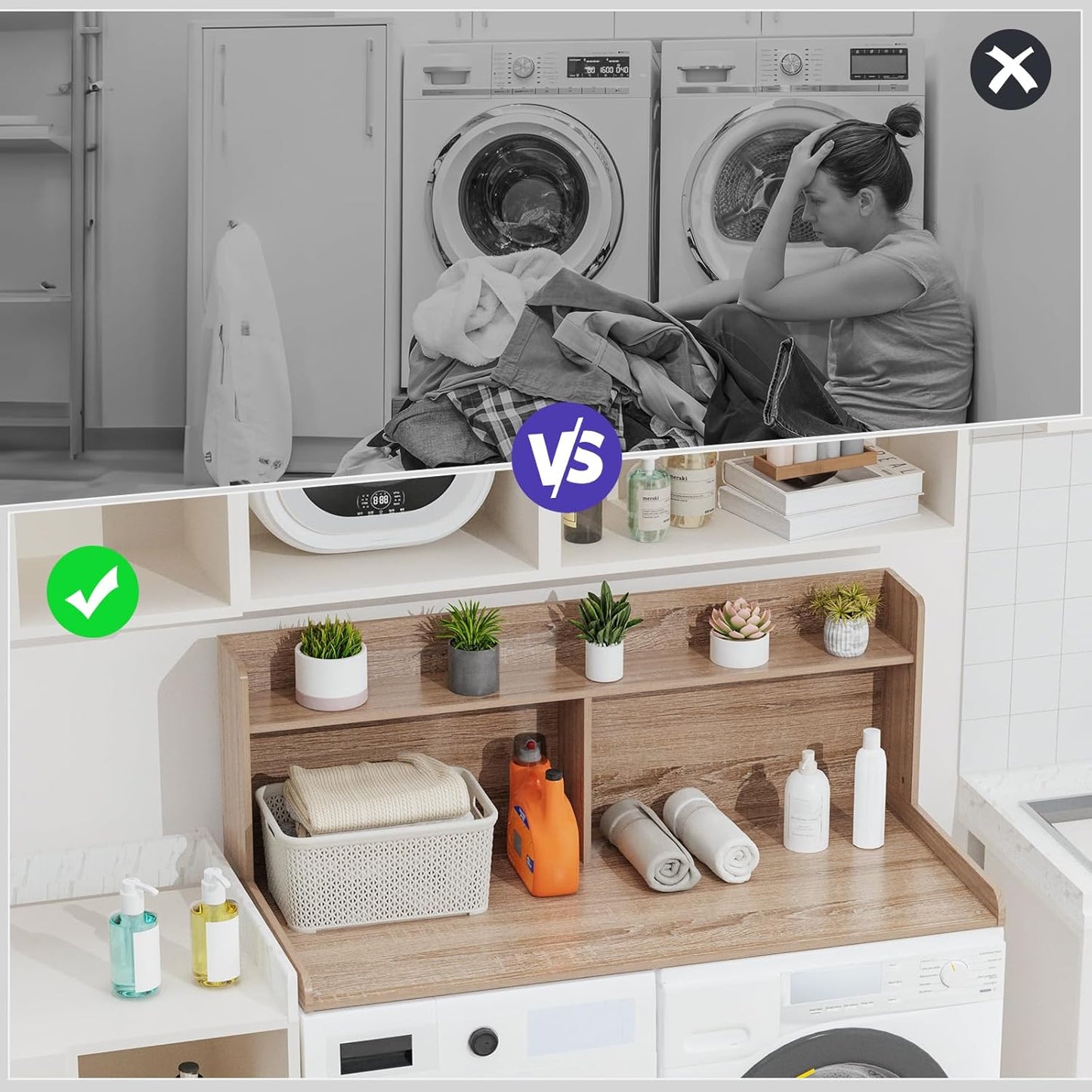 Washer Dryer Countertop with 2 Tier Shelf, 27.5" W × 54" L Laundry Wood Countertop with Edge Rails for Laundry Room Organization and Storage (Oak)