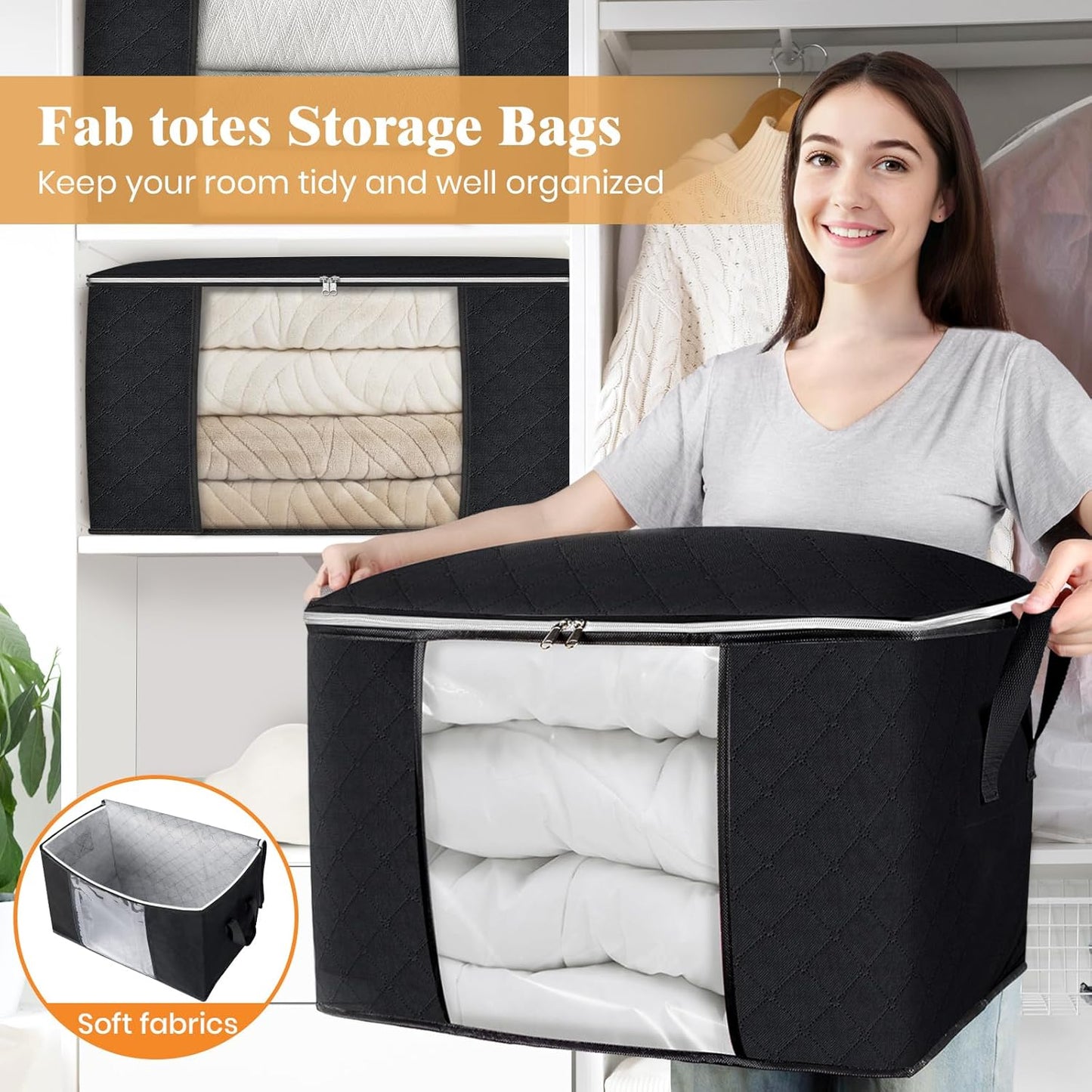 Fab totes 24 Gallons Clothes Storage, Foldable Thick Fabric Blanket Storage Bags, Containers for Organizing Bedroom, Closet, Clothing, Comforter, Organization with Handle (10 Pack,Black)