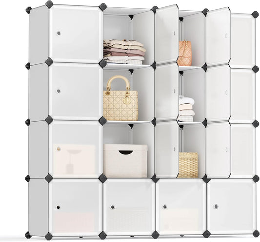 SONGMICS Cube Storage Organizer, Set of 16 Plastic Cubes, Closet Storage Shelves, DIY Plastic Closet Cabinet, Modular Bookcase, Shelving with Doors for Bedroom, Living Room, White ULPC44BSV1