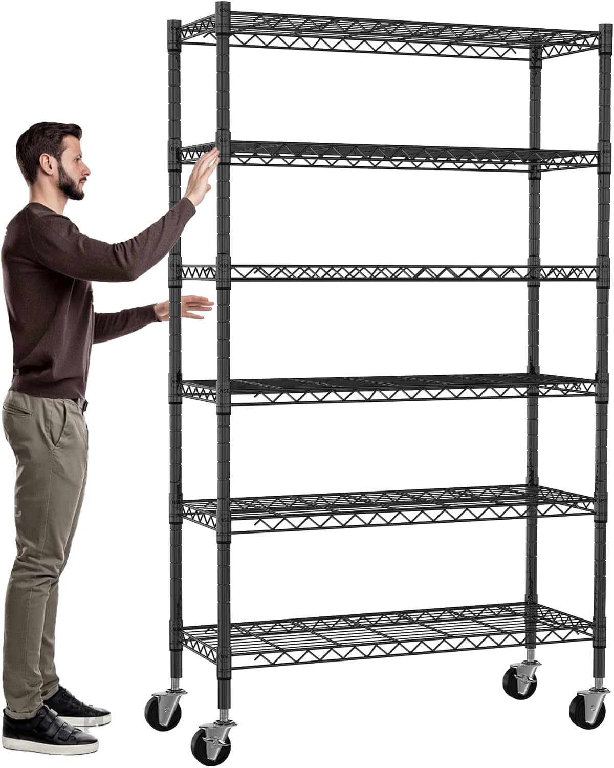 6-Tier Storage Shelves NSF Certified Wire Shelving Unit on Wheels Heavy Duty Metal Shelves Adjustable Steel Shelving 2100Lbs Capacity for Closet Pantry Basement- (18"x48"x82", Black)