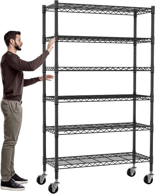 6-Tier Storage Shelves NSF Certified Wire Shelving Unit on Wheels Heavy Duty Metal Shelves Adjustable Steel Shelving 2100Lbs Capacity for Closet Pantry Basement- (18"x48"x82", Black)