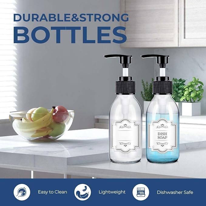 Glass Pump Bottle Dispenser 4 oz, 3 Pack, Black Caps, Labels - Glass Bottles with 1 Extra Pump Tops