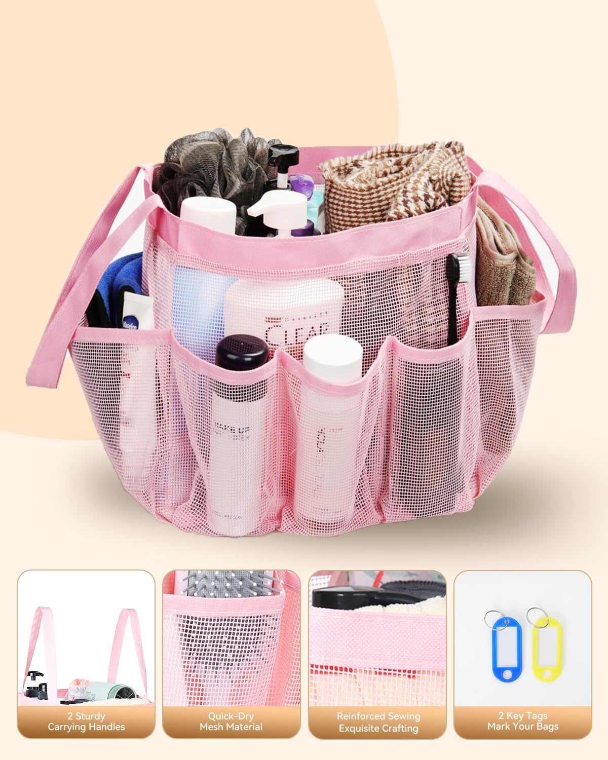 Temede Mesh Shower Caddy Tote, Large Shower Caddy Basket Portable, Quick Dry Hanging Toiletry Bag, 8 Storage Pocket Bath Organizer for College Dorm, Gym, Camp, Travel (Pink)
