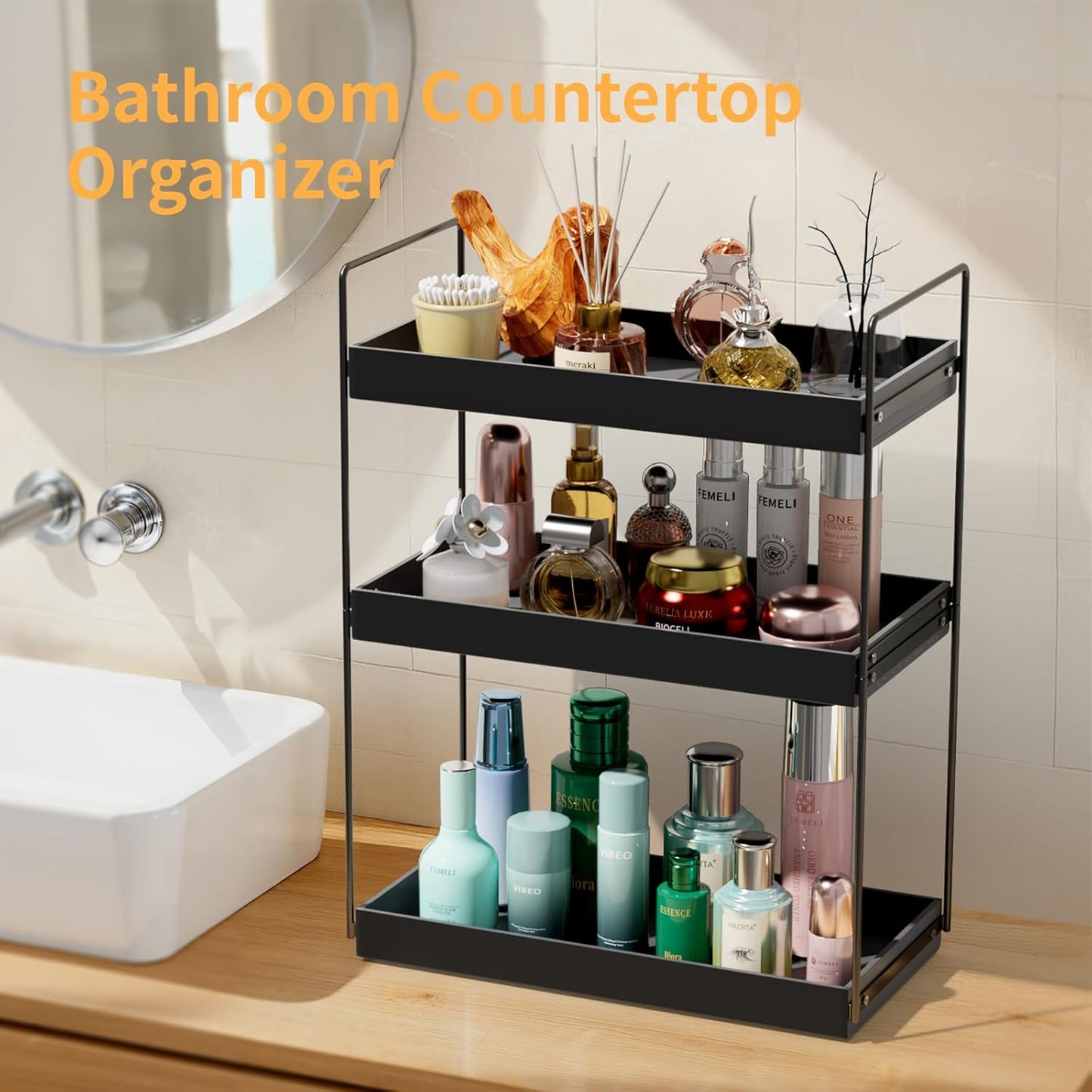 Bathroom Countertop Organizer, 3 Tier Metal Vanity Counter Skincare Shelf, Matte Black Under Sink Standing Rack With Acrylic Tray, Home Storage Holder For Lotion Makeup Cosmetics Perfume Spice