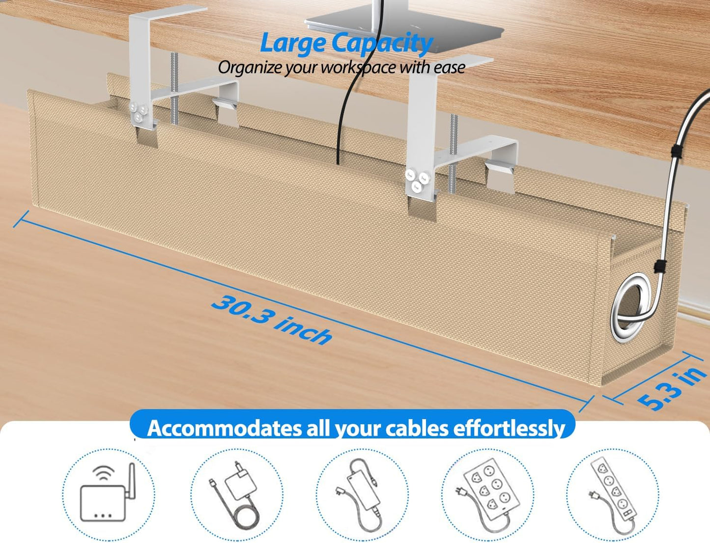 Under Desk Cable Management Tray, 30" Cord Organizer for Table with Oxford Fabric, 60LBS Capacity, No Drill Installation, Cable Management Fits Most Desks, Gaming Setup & Home Office