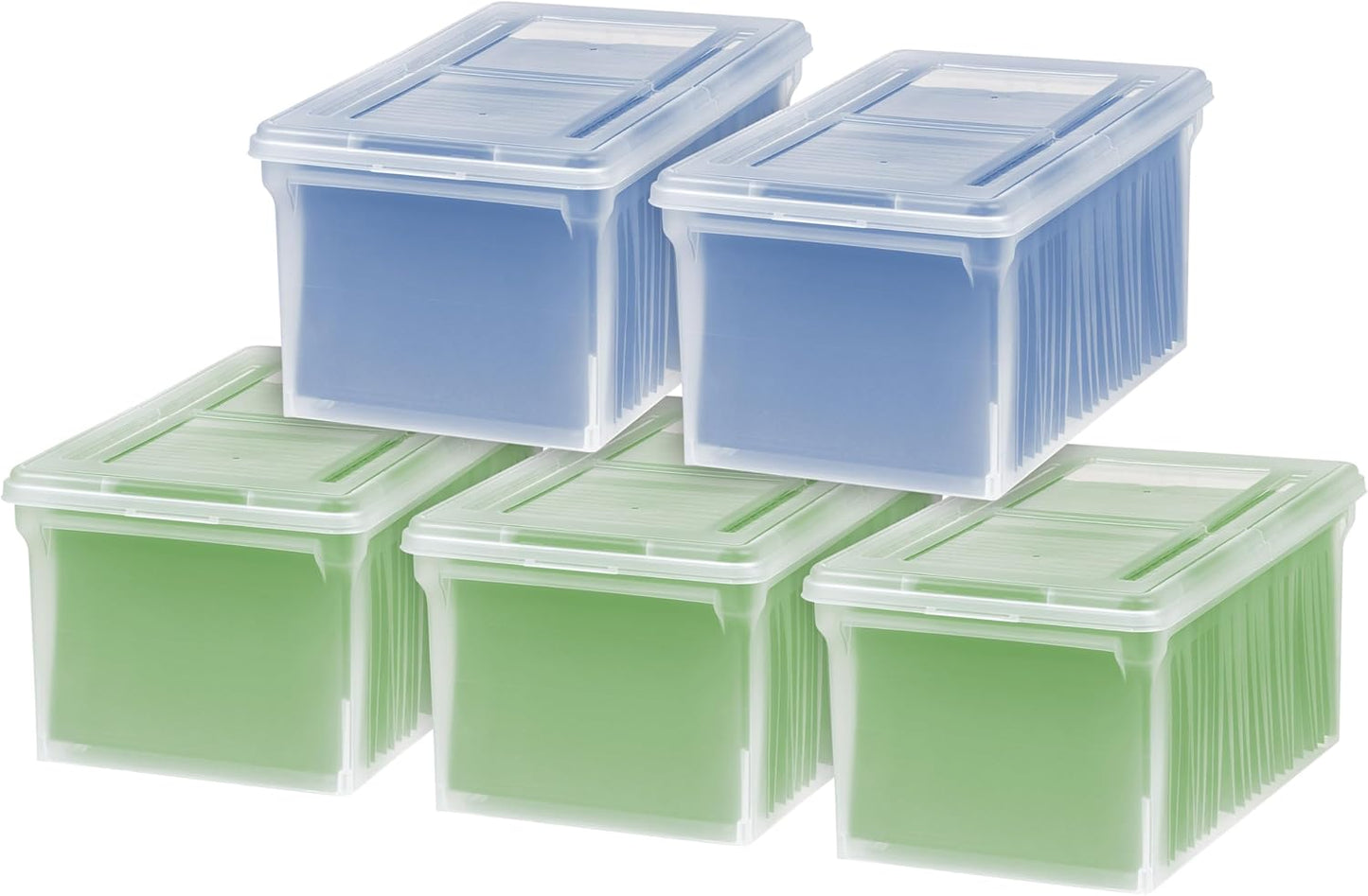 IRIS USA File Box File Organizer w/Hinged Split Latching Lid for Letter/Legal File, Water Resistant Document Box, BPA-Free, Plastic Storage Bin Tote Organizer, Stackable, Nestable, Clear 44 Qt. 5Pack