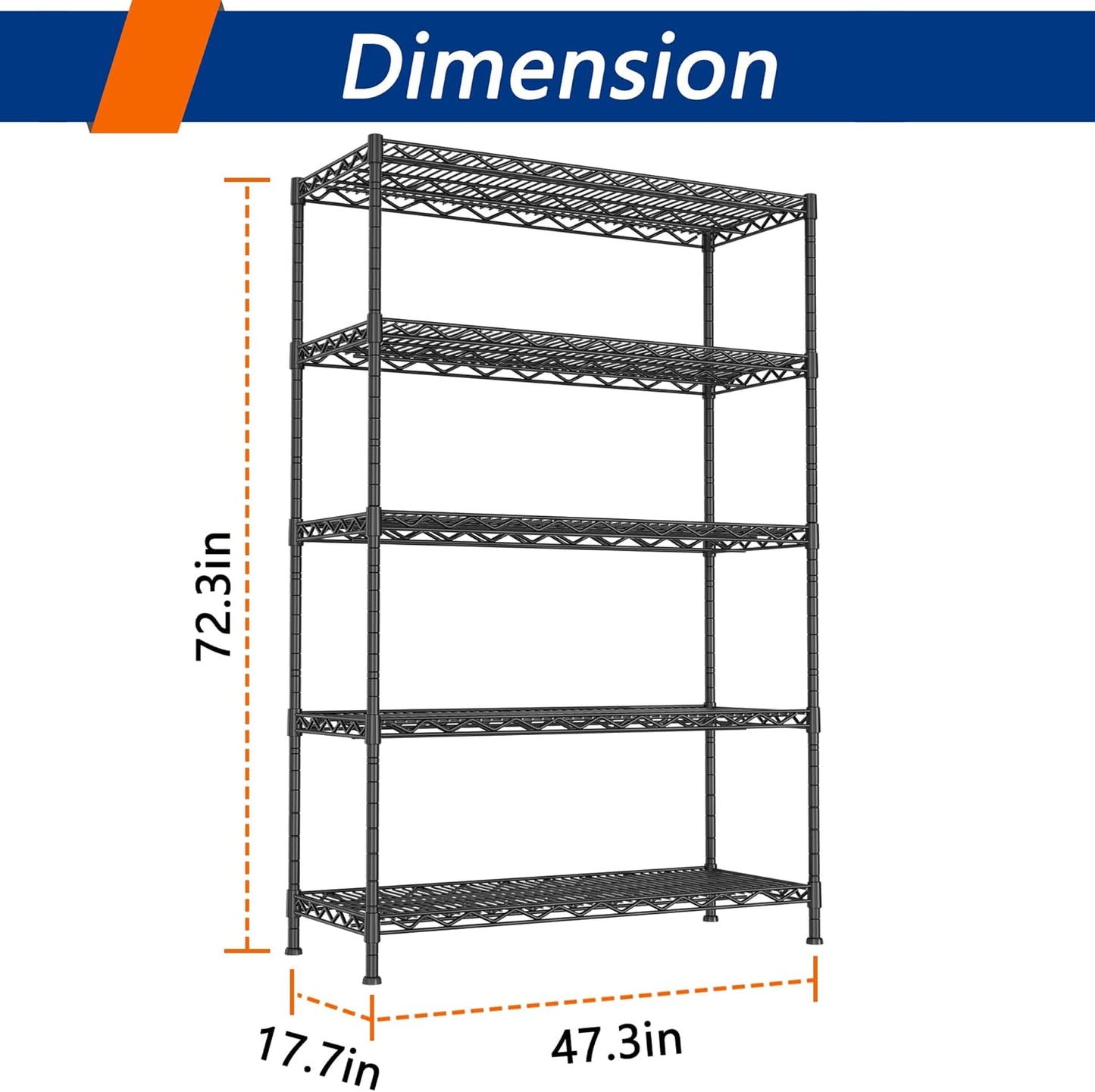 REGILLER 5-Wire Shelving Metal Storage Rack Adjustable Shelves,17.7" D×47.3" W×72.3" H Standing Storage Shelf Units for Laundry Bathroom Kitchen Pantry Closet