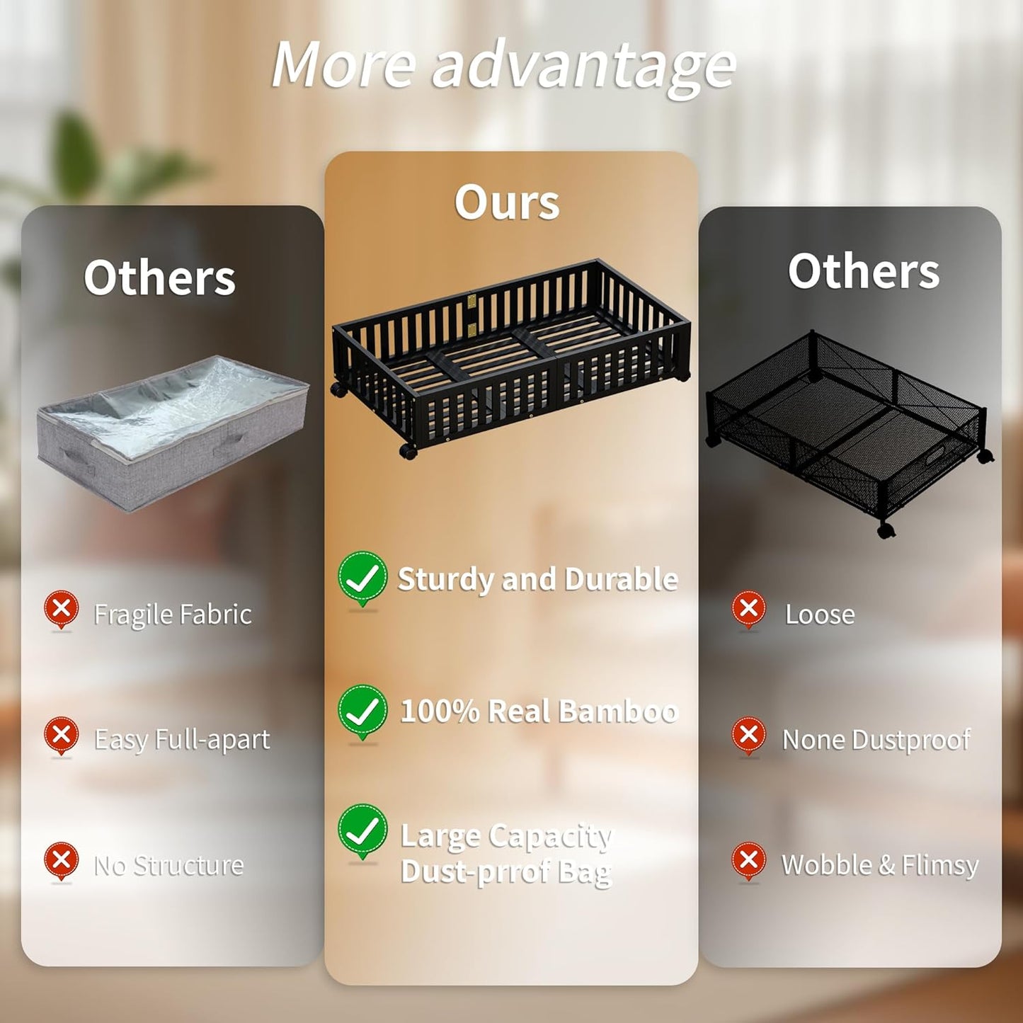 Bamboo Under Bed Storage with Wheels (2-Pack) – Rolling Underbed Shoe Organizer Box for Shoes, Blankets, Toys, Clothes Container Space-Saving Organizer Bins for Bedroom, Closet, Dorm, Nursery