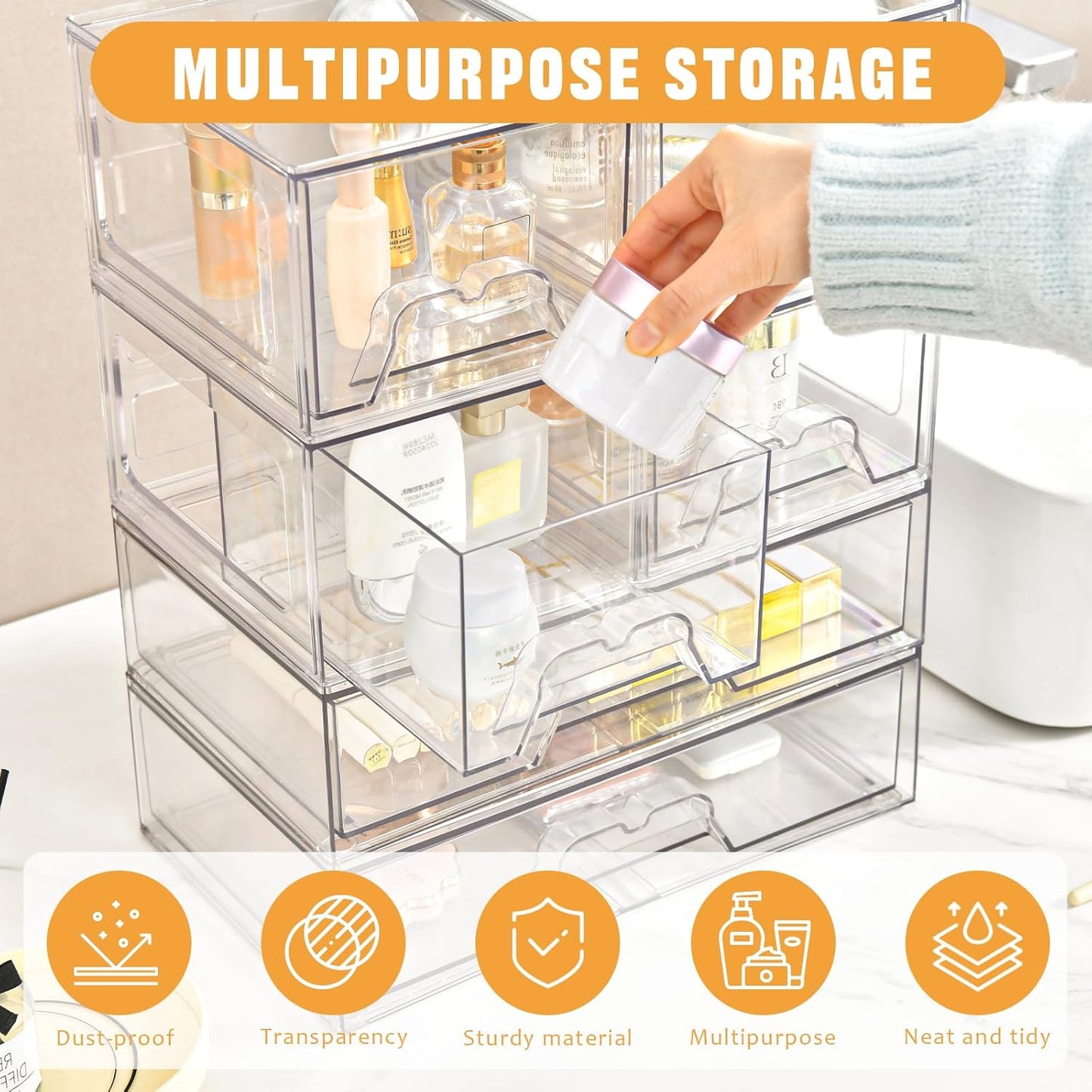 6 Pack Stackable Storage Drawers Clear Acrylic Organizer Makeup Bathroom Organizer and Storage Bins for Beauty Supplies,Ideal for Vanity, Bathroom,Pantry Organization