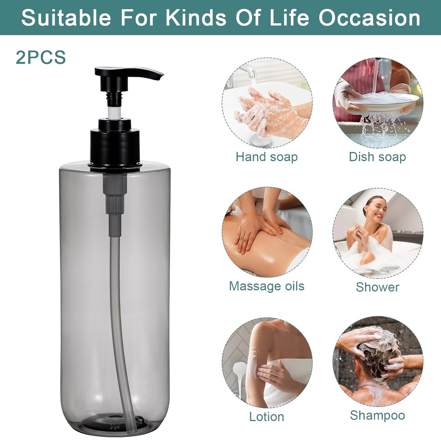 Yebeauty Soap Dispenser, 2 Pack 17oz/500ml Refillable Pump Bottle Dispenser Plastic Empty Shampoo and Conditioner Bottles Clear Black Lotion Container with Travel Lock for Bathroom Decor Upgrade