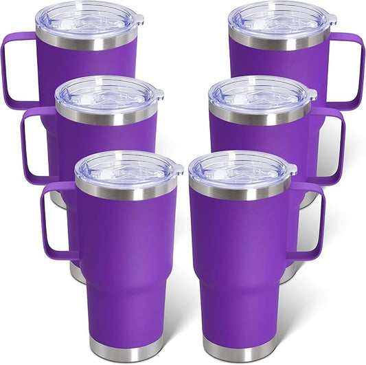 20 oz Tumbler with Handle and Lid, Stainless Steel Tumbler Insulated Travel Coffee Mug, Spill Proof Double Wall Vacuum Tumbler Cup Keep Drink Hot & Cold, Purple, 6 Pack