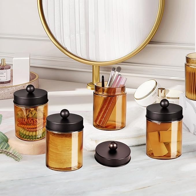 Amolliar Bronze Glass Apothecary Jar With Metal Lid & Stickers, Bathroom Qtip Holder Dispenser Storage Canister, Perfect for Cotton Balls, Cotton Swabs, Makeup Pads, Bath Salt, Floss, 2 Pack (Bronze)