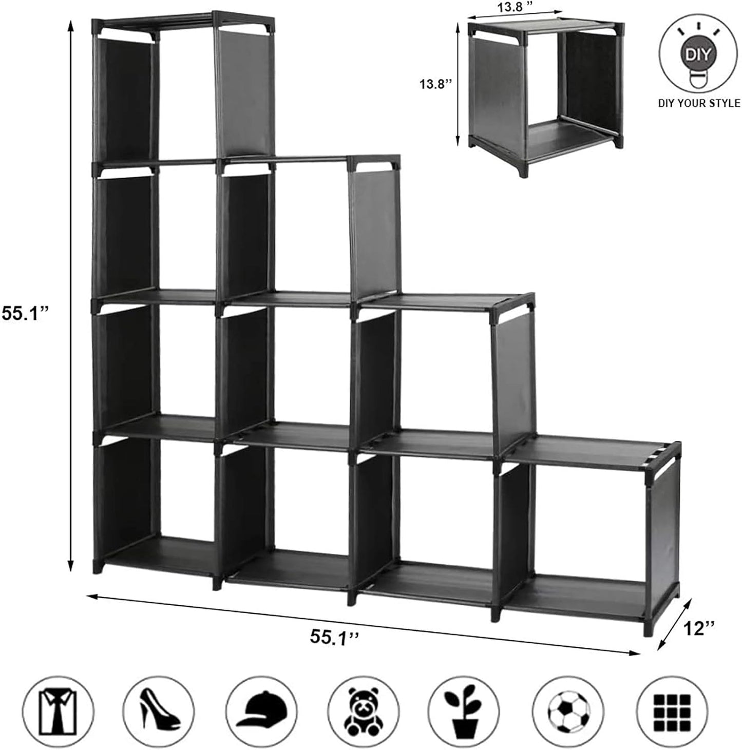 10-Cube Storage Organizer Rack, Staircase Organizer Modular Bookcase, DIY Storage Organizer Closet Shelf, Bookcase in Living Room, Bedroom for Toys and Daily Necessities, Black