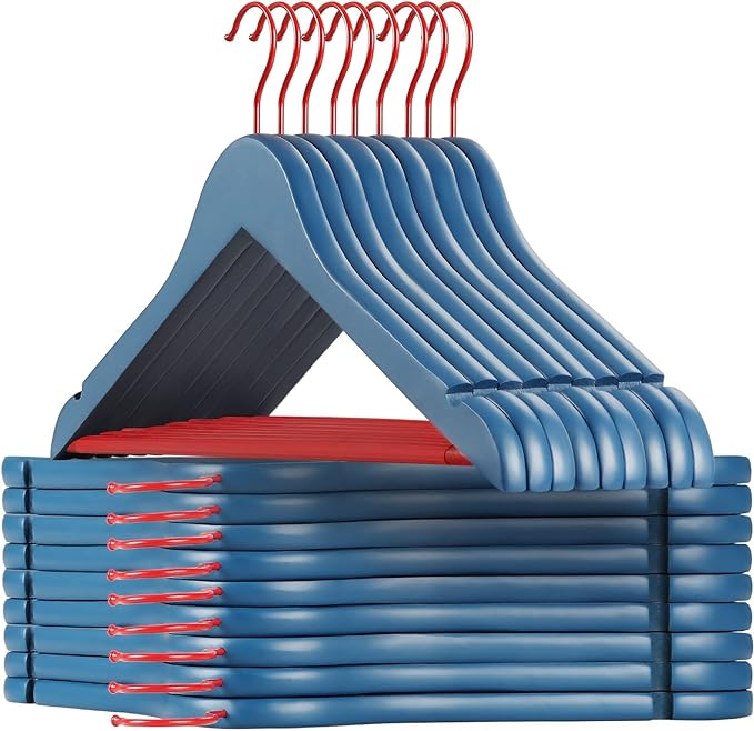 TOPIA HANGER Premium Wooden Hangers with Non-Slip Pant Bar, 360°Swivel Hook and Shoulder Notches, 16 Pack Solid Wood Clothes Hangers for Suit, Coat, Jacket, Camisole(Blue/Red)-CT35BR2