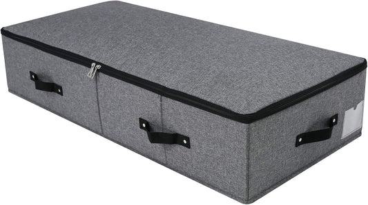 Foldable Fabric Sturdy Under Bed Storage Box with 6 Handles, Zipper Lid, Blankets Clothes Comforters Storage Bin Organizer for Bedroom and Closet, 35x 16.5 x 7inch, Black Grey