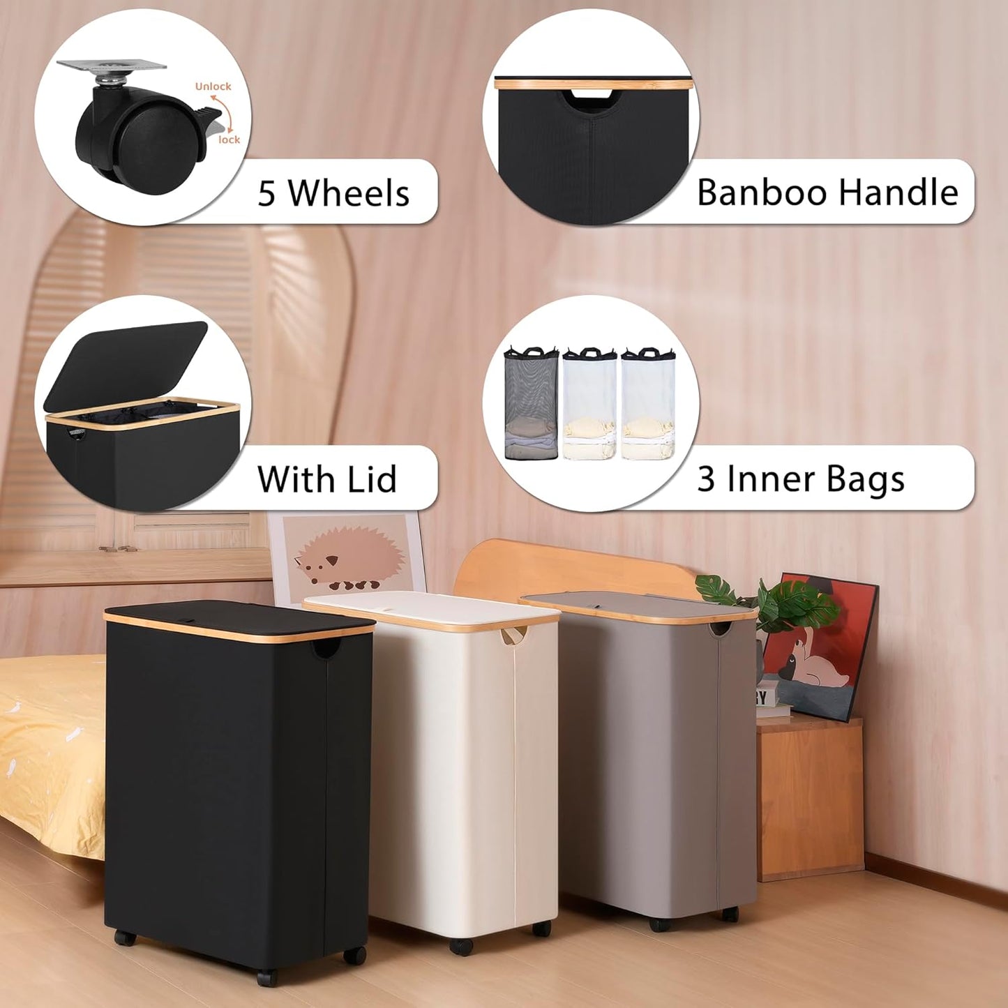 Lagre Laundry Basket with Wheels, Laundry Hamper with Lid, 160L Clothes Hamper for Laundry with 3 Liner Bags, for Laundry Room, Bedroom, Dormitory Organization,Black