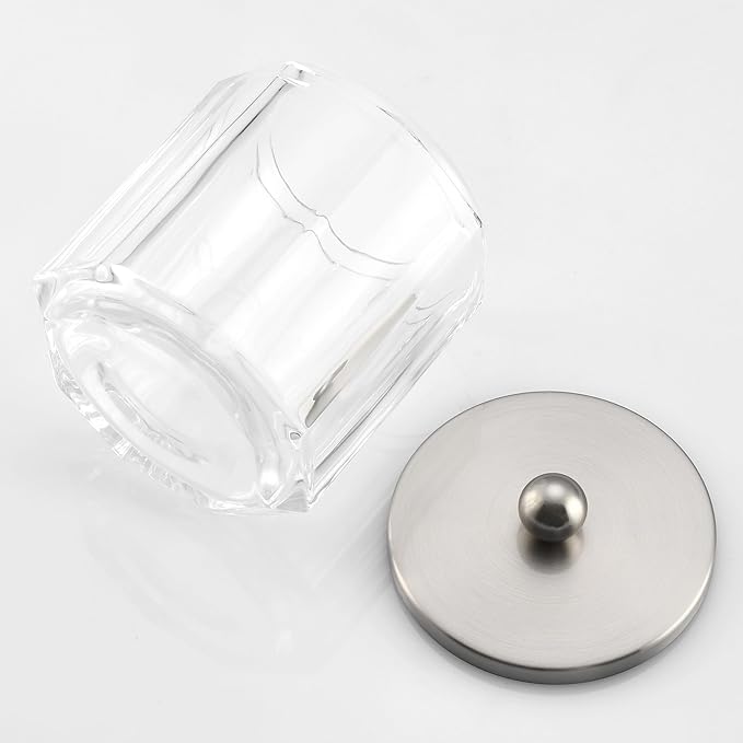 Clear Transparent Apothecary Octagional Shaped Glass Canister Jar With Satin Nickel Metal Lid Cover for Bathroom Organization, Cotton Balls, Q Tips, and Small Accessories, Bath Storage