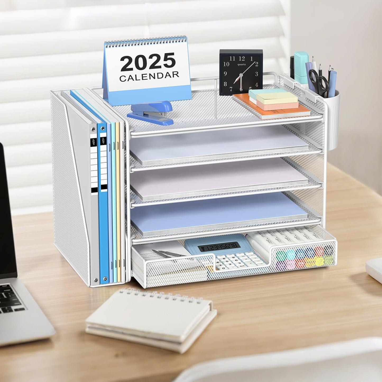 Desk Organizers and Accessories with File Holder, 5-Tier Office Desk Accessories & Workspace Desktop Organizer with Drawer and 2 Pen Holder, File Paper Organizer for Office Supplies(White)