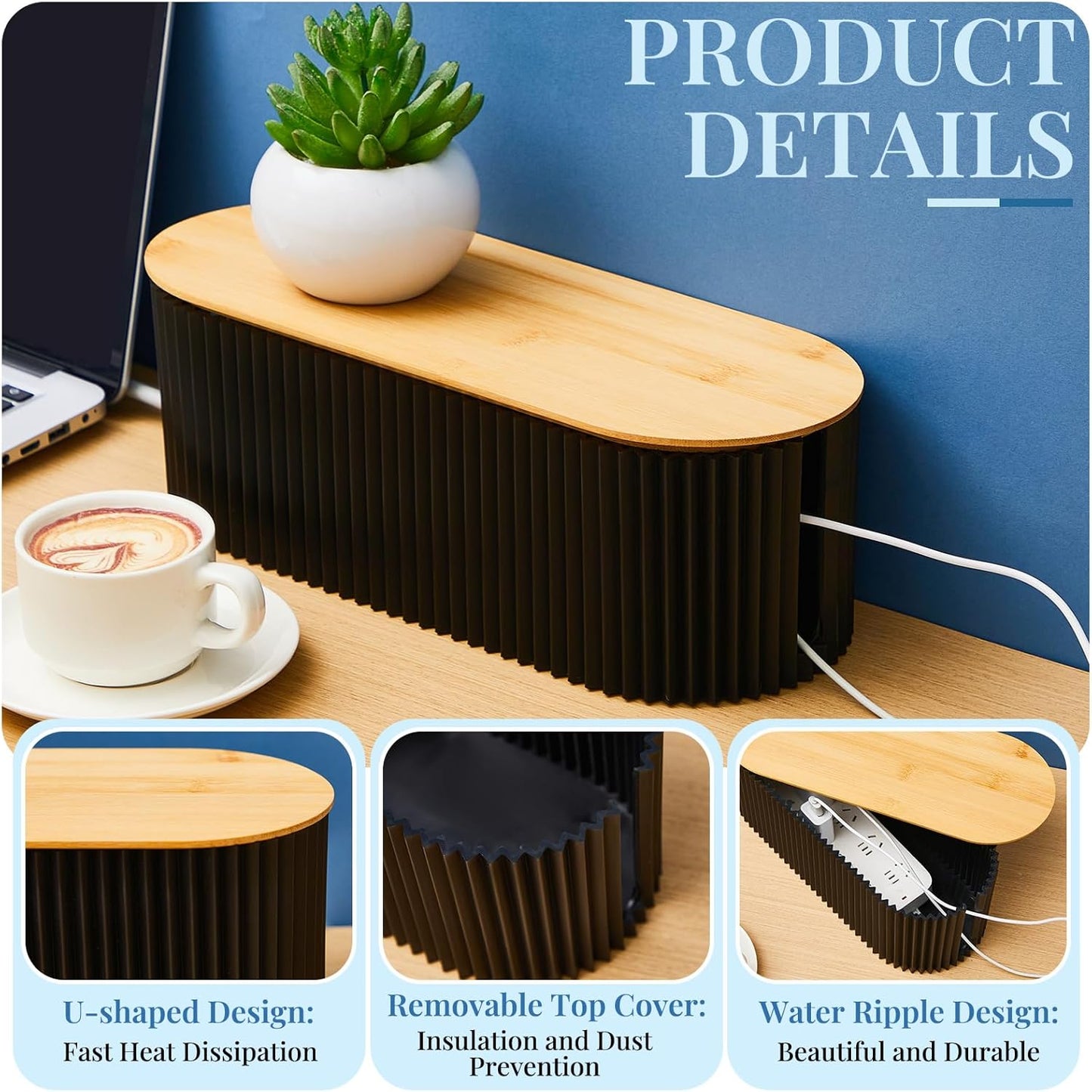 Marsui 2 Pcs Cable Management Box Cord Hider Box Cord Organizer with 46 Pcs Cable Management Kit Wire Box for Power Strips Surge Protectors Desk TV Computer Wires Home Office（Black）