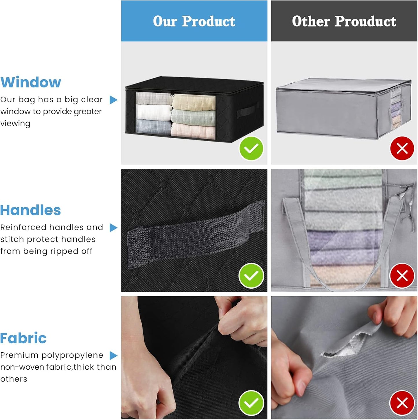 HomeHacks Storage 10-Pack Clothes Organizer Storage Bags Foldable Storage Box with Large Clear Window Sturdy Handles for Closet, Dorm, Pillows, Bedding, Clothes, Blankets, 35L, Black