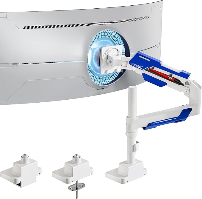 ARES WING Single Monitor Mount, Ultrawide Monitor Arm for 24 to 57 Inch Heavy Duty Curved Screen, Adjustable Gas Spring Monitors Arm Stand up to 66LBS with 75/100/200 Vesa Mount, White