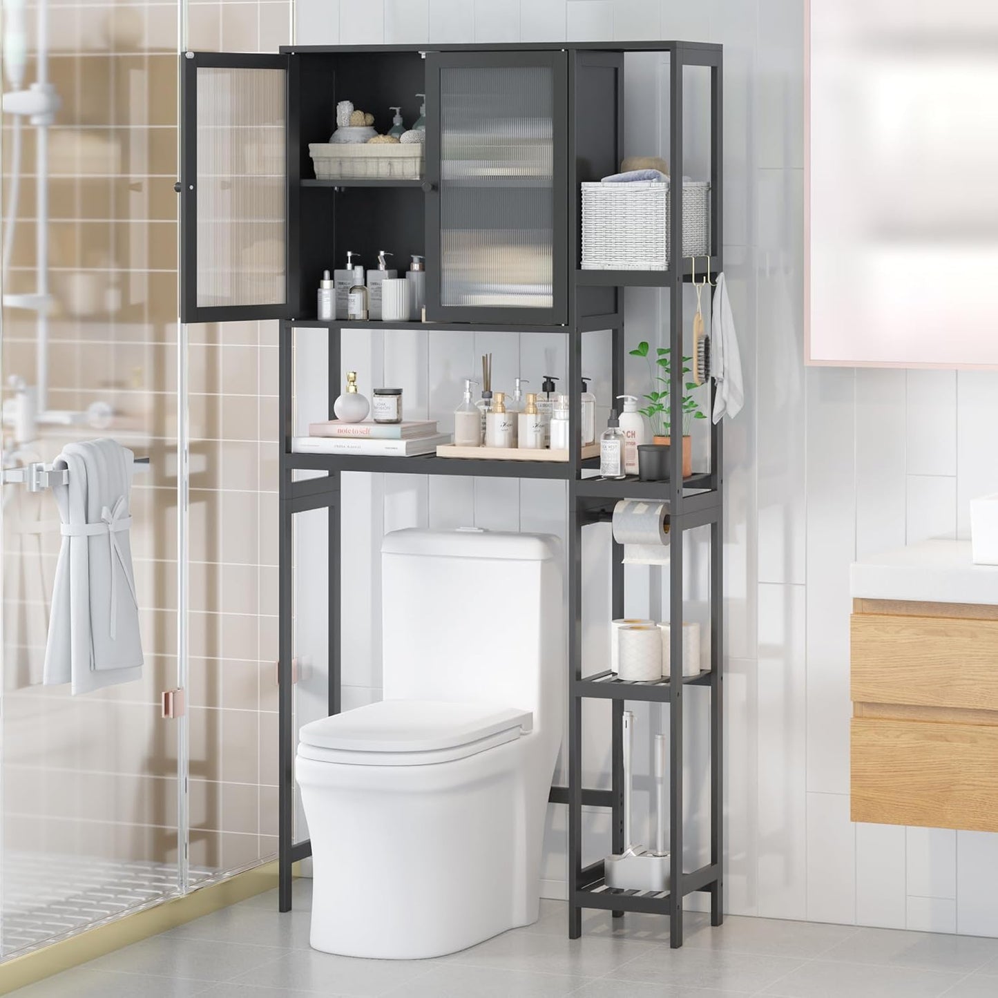 Over The Toilet Storage Cabinet Above Toilet Bathroom Organizer with Toilet Paper Holder Stand Bath Organizer with Adjustable Shelves & Acrylic Doors,Anti-Tip Device (Black)