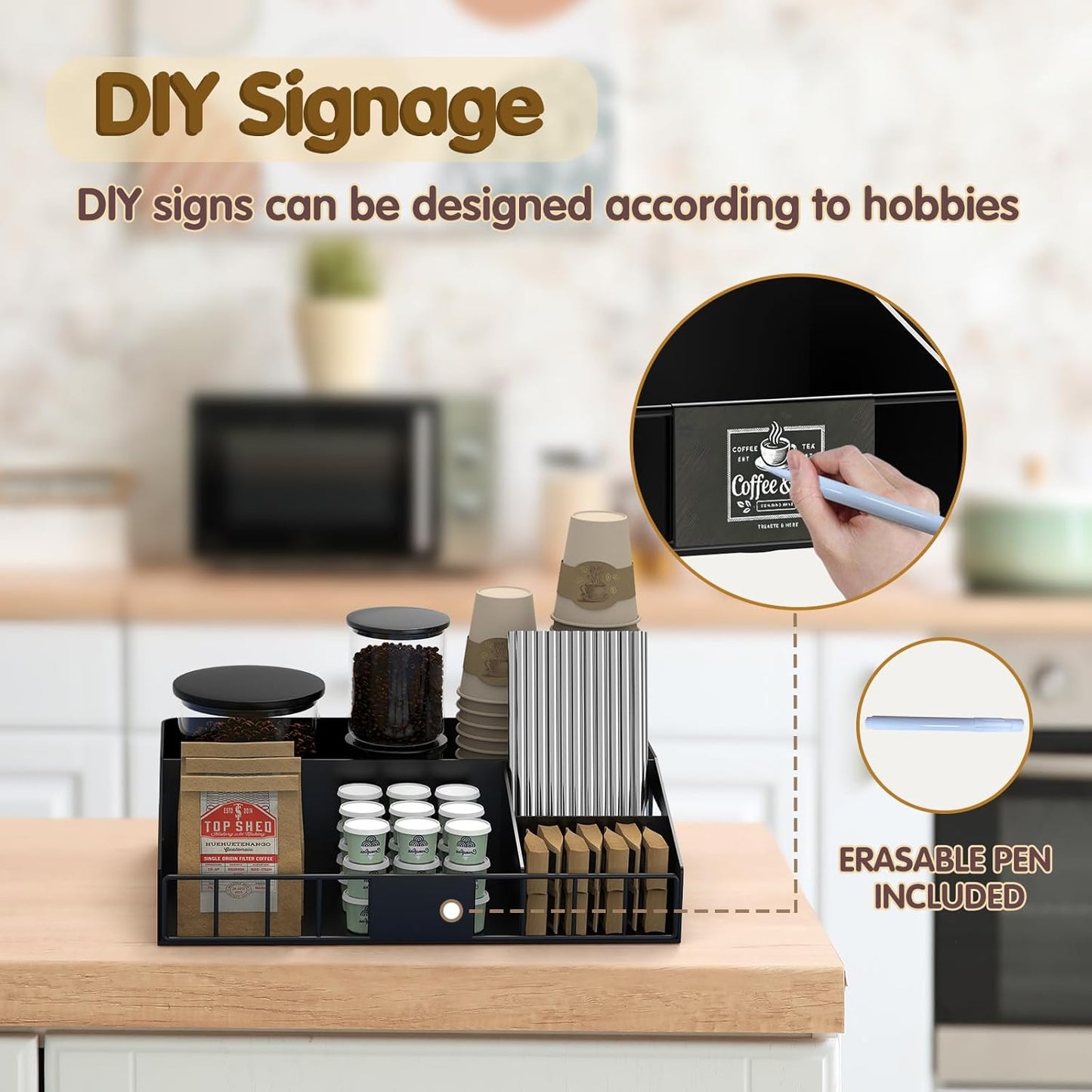 Metal Coffee Station Organizer for Countertop - Coffee Bar Organizer with Designable DIY Logo, K Cup Pods Holder & Tea Condiment Storage - Rustic Breakroom Kitchen Decor in Balck （1 Pcs）