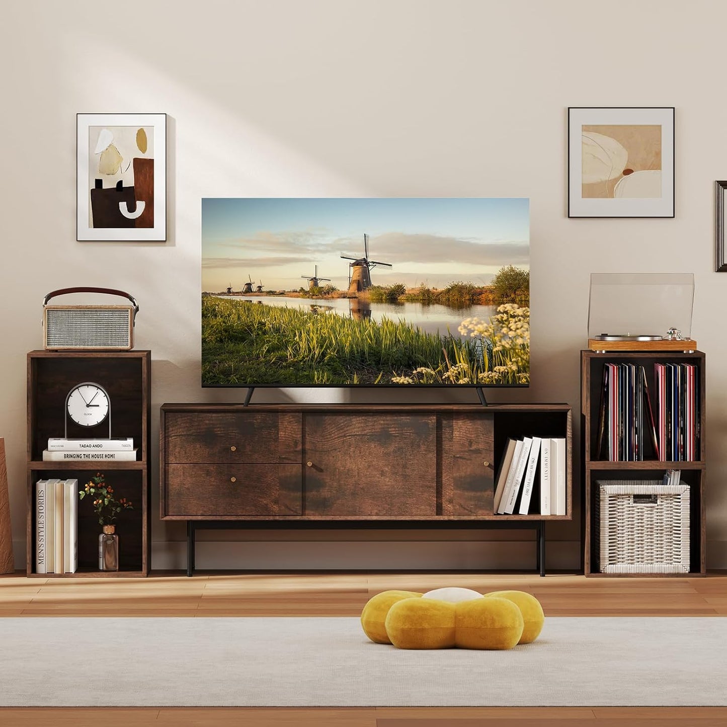 Giantex 2-Cube Bookcase, Stackable Cube Storage Organizer w/Open Bookshelf, Wooden Display Shelving Unit for Small Space, DIY Modular Cubby Storage System for Home, Study, Living Room, Rustic Brown