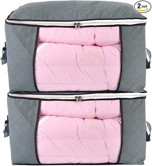 combocube Comforter Storage Bag, Zippered Bag with Large Clear Window and Carry Handles, Space Saver Organizers for Closet, Blanket, Pillow, Quilt, Bedding, Clothes (2Pcs Grey Large)