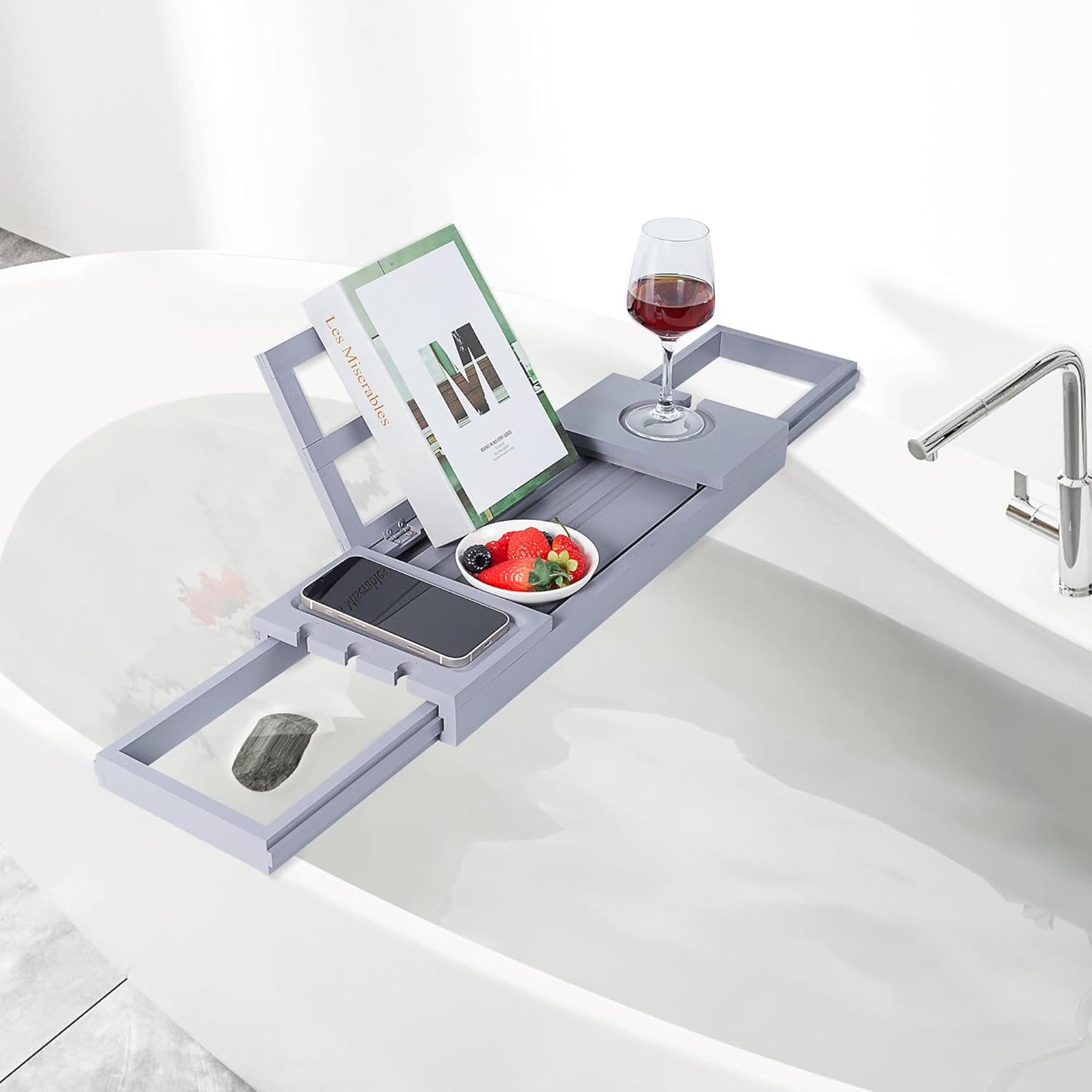 Utoplike Bathtub Tray Caddy Bamboo, Grey Bath Table for Tub Adjustable, Bathroom Organizer with Book Tablet Wine Glass Cup Towel Holder