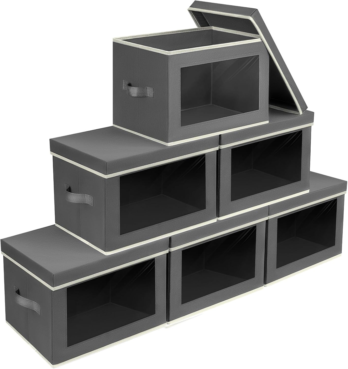 Stackable Storage Bins with Lids - Large Storage Box with Lids, Foldable Closet Boxes for Organizing, Wardrobe Clothes Organizer with Window, Cubes Bins for Living Room, 6 Pack, Dark Grey