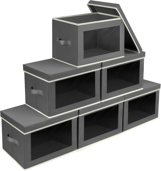 Stackable Storage Bins with Lids - Large Storage Box with Lids, Foldable Closet Boxes for Organizing, Wardrobe Clothes Organizer with Window, Cubes Bins for Living Room, 6 Pack, Dark Grey