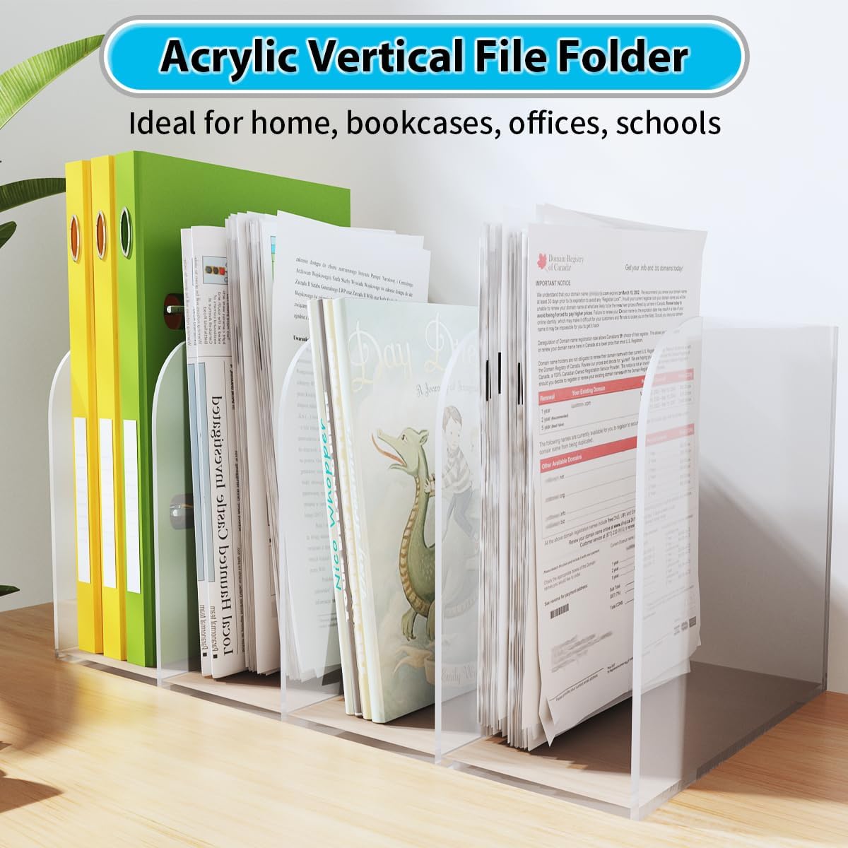 Acrylic Magazine File Holder, Vertical Desk File Organizer Sorter with 4 Compartments, Clear Mail Organizer Office Organization Storage Binder Holder for Desk, Magazine, Books