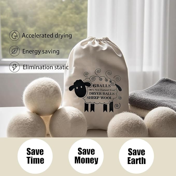 6 Pack Wool Dryer Balls Laundry Reusable Anti Static, Cotton Balls Wool Laundry Balls for Dryer Reduces Clothing Wrinkles Natural Fabric Softener Last 1000+ Loads (White, 2.75 in/7 cm)