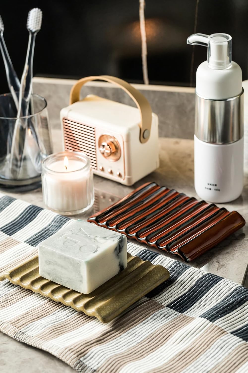 Soap Dish for Countertop with Self Drain, Ceramic Bar Soap Holder for Sink Japanese Soap Saver for Bathroom with Self Drain, Yellow