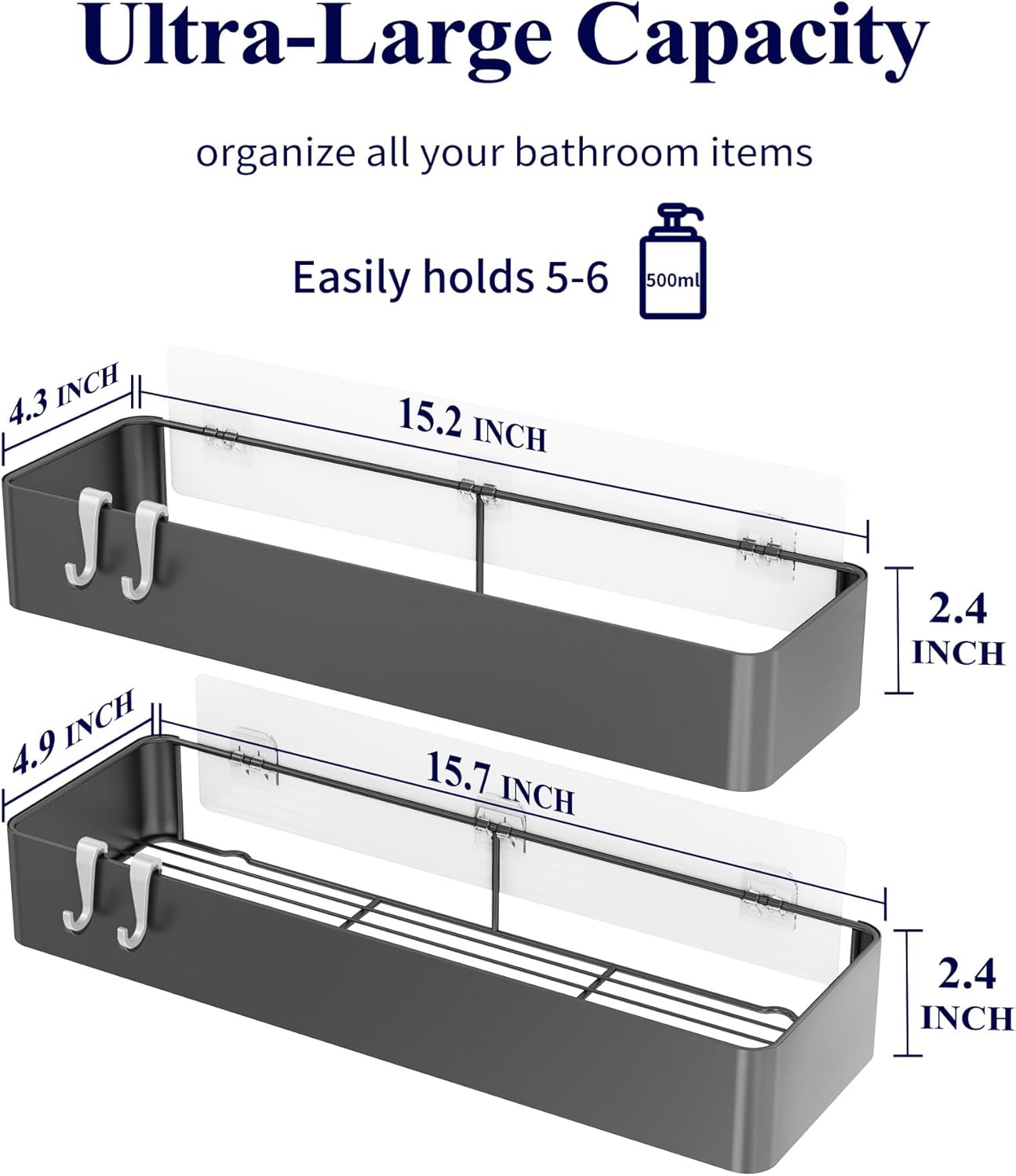Kitsure Shower Caddy - 2 Pack Adhesive Shower Organizer, Rustproof Metal Shelves, No-Drill Bathroom Organizers and Storage, Dark Grey, XX-Large