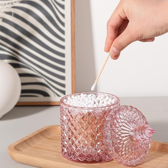 rejomiik 2 Pack Qtip Holder Thick Glass Apothecary Jars with Lid for Bathroom Decor Storage Organizer for Cotton Swabs, Balls, Pads, Floss Picks, Candy, Jewelry, Pink