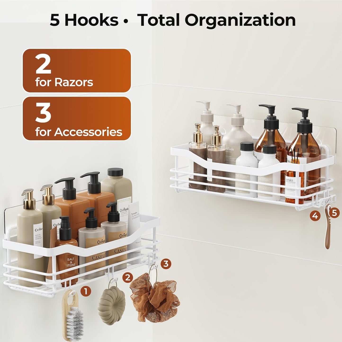 Orimade Shower Caddy Basket Shelf Storage Rack, No Drilling Wall Mounted Adhesive Rust Proof Stainless Steel Shower Organizer with 5 Hooks for Bathroom, White 2 Pack
