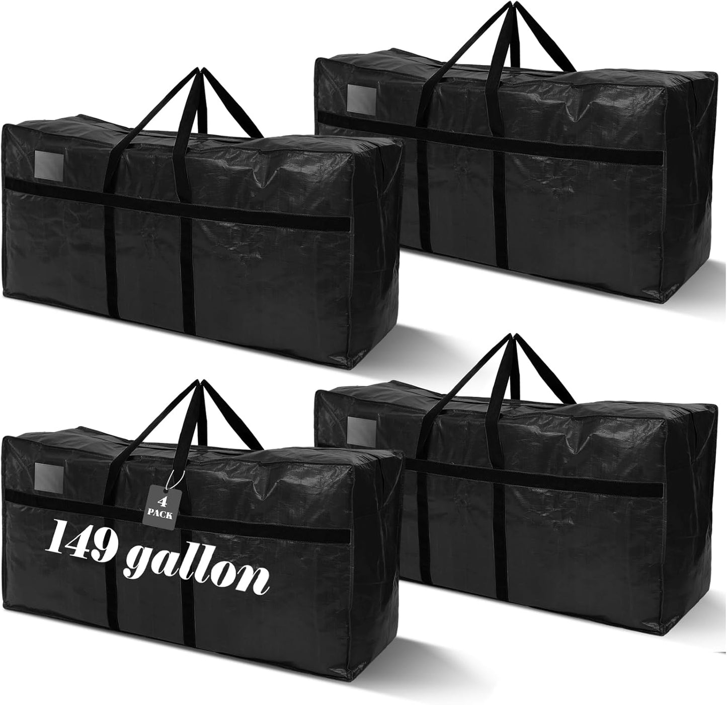 4 Pcs 149 Gallon Large Moving Bags with Zipper and Handles Foldable Storage Duffle Bags Heavy Duty Extra Large Totes for College Dorm Travel Clothes Blankets Bedding Moving (Black)