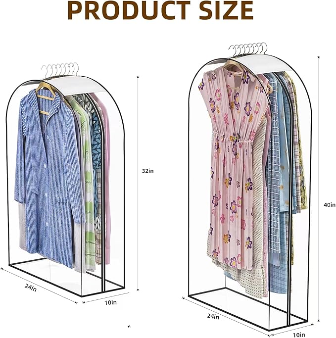 Upgraded Thickened Clear Garment Bags for Hanging Clothes 4 Packs, 10“ Gusseted Clothes Hanging Storage Bags for Closet, Shirts, Coats, Dresses (32 & 40 inch)