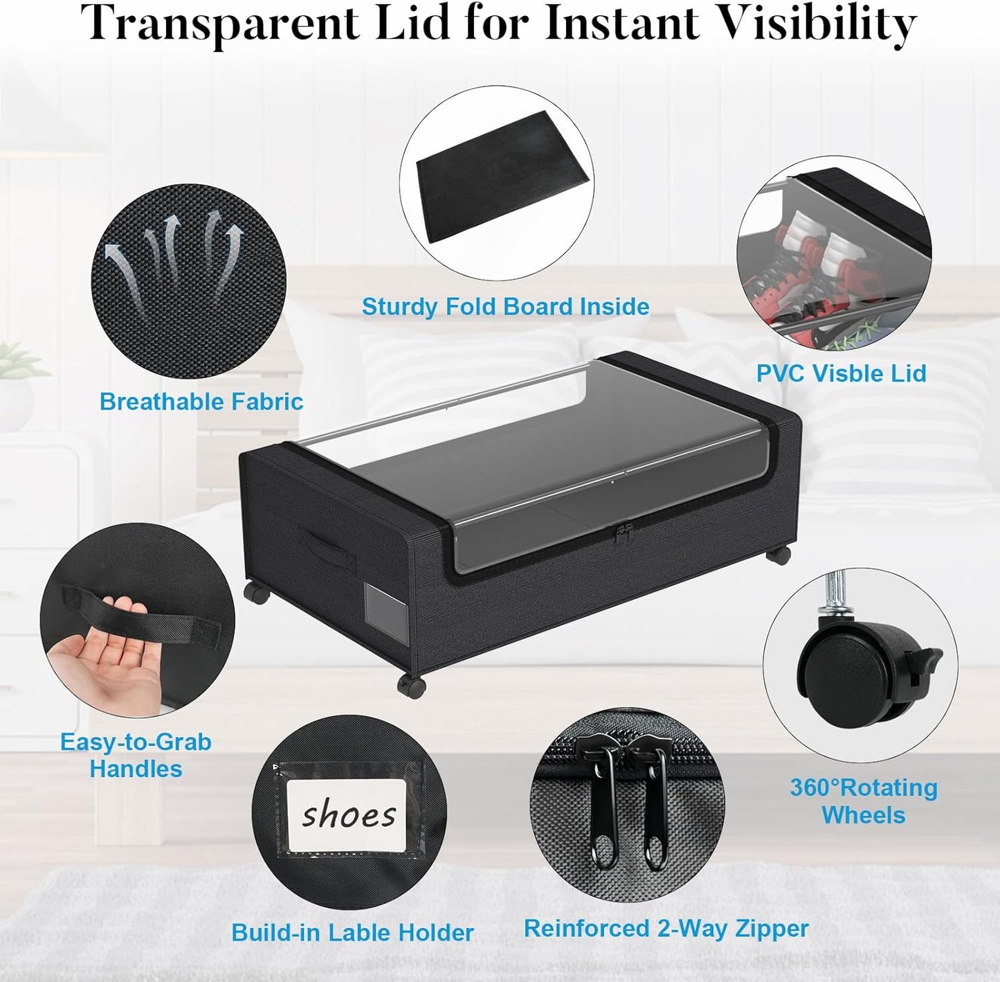 Under Bed Shoe Storage Organizer, 10 Inch Rolling Underbed Drawers for Clothes, Blankets, Winter Clothing & Shoes - Metal Frame Storage Bins with Handles, Dual Zippers, Clear Window 2 Pack Black