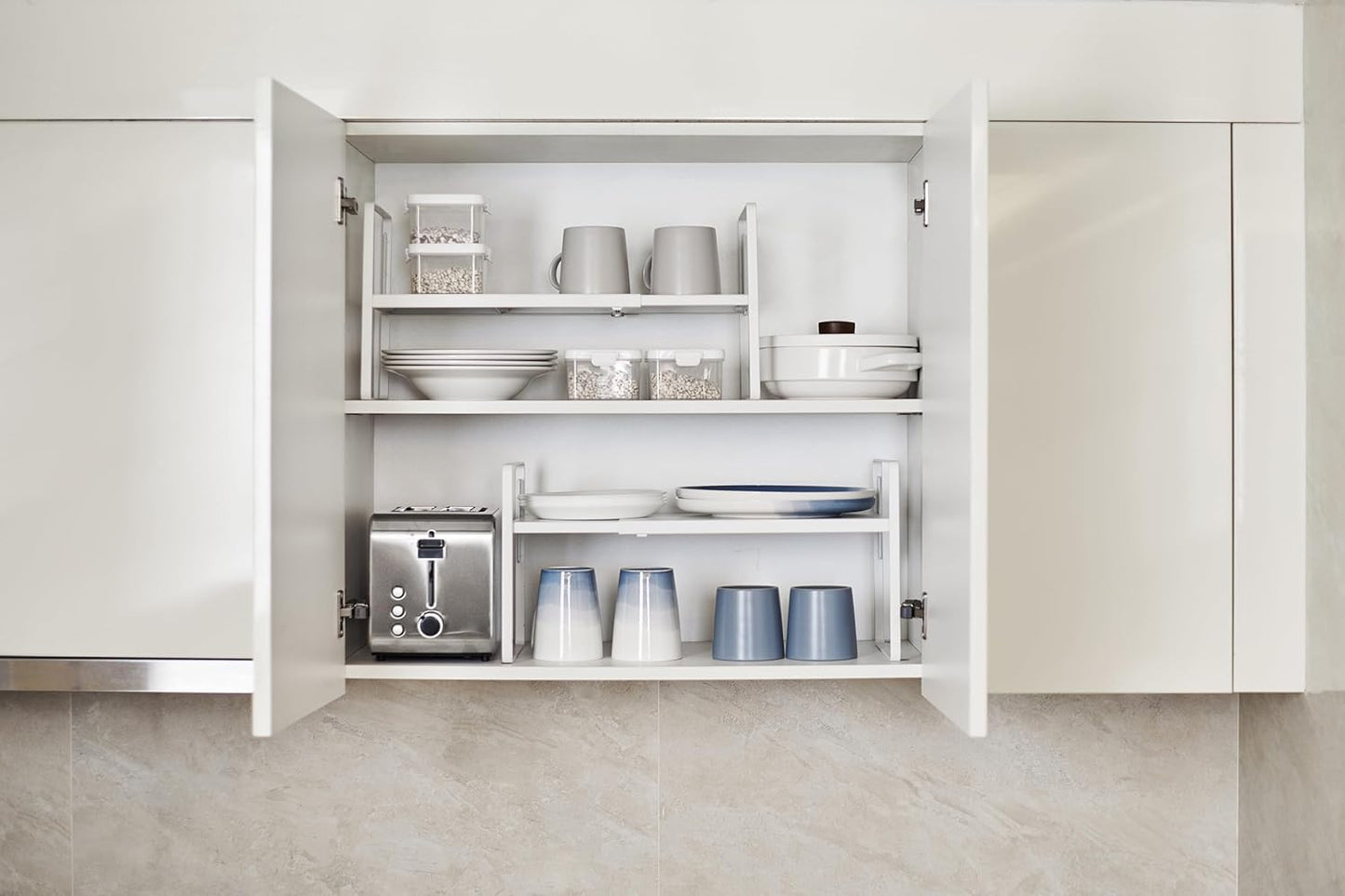 Nxconsu Cabinet Shelf Expandable Height Adjustable Organizer Riser for Kitchen Cabinet Pantry Cupboard Under Sink Countertop Organization Storage Space Saver Stackable Heavy Duty Metal White