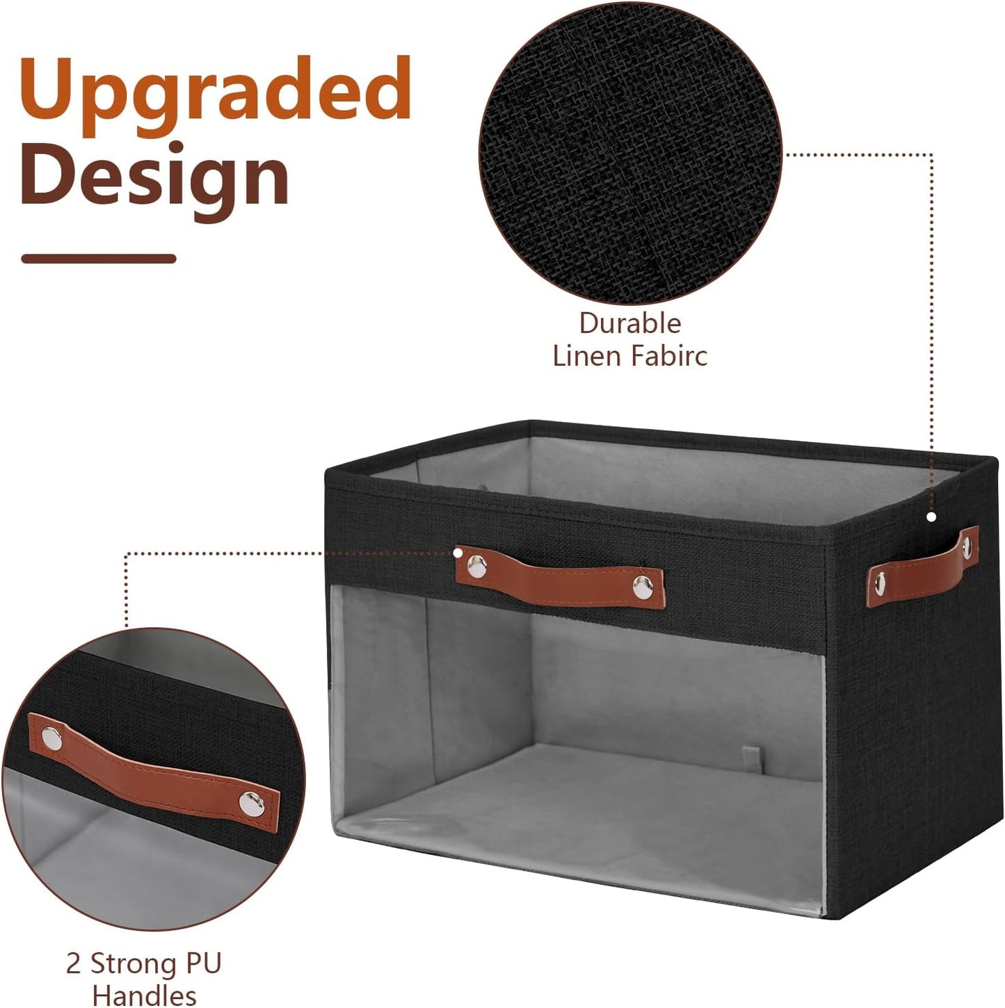 Large Storage Baskets with Clear Window, See Through Closet Organizer with PU Handles, Linen Foldable Storage Bins for Organizing Clothes, Toys, Books (Black)