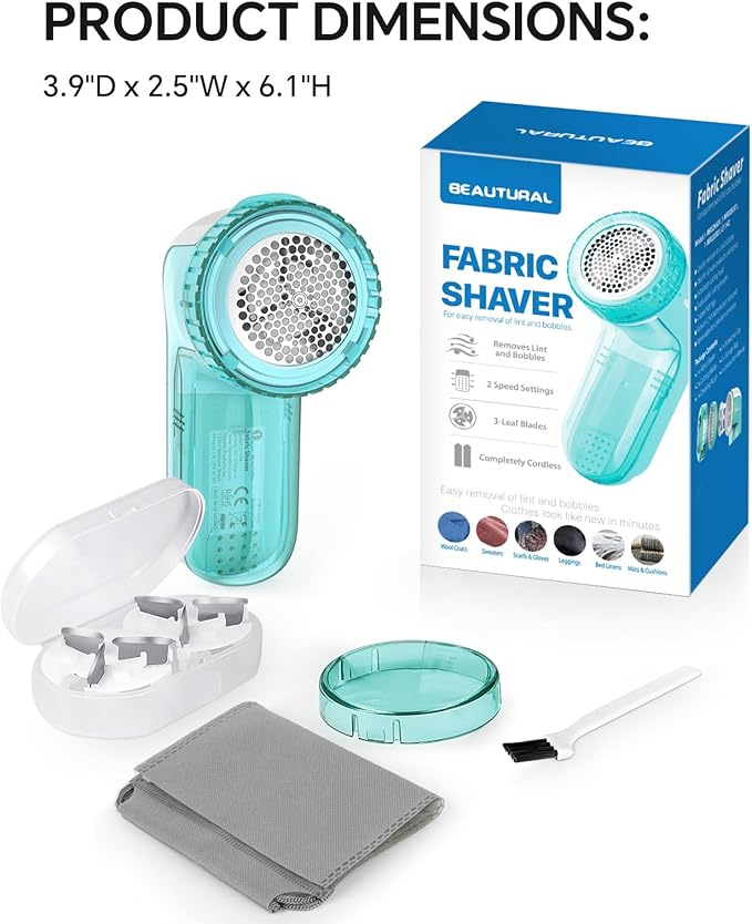 BEAUTURAL Fabric Shaver and Lint Remover, Sweater Defuzzer with 2-Speeds, 2 Replaceable Stainless Steel Blades, Battery Operated, Remove Clothes Fuzz, Lint Balls, Pills, Bobbles