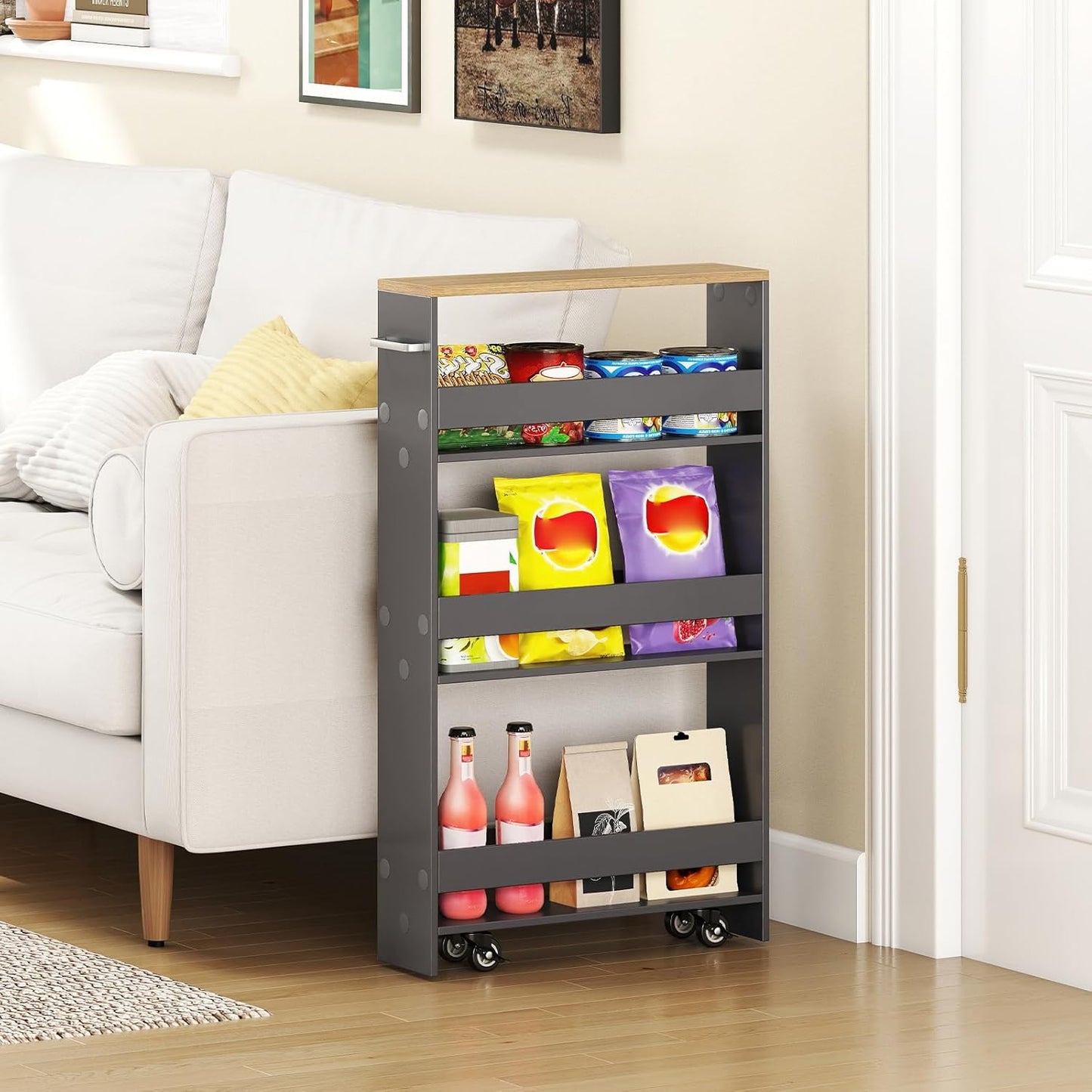 Small Kitchen Cart, 4-Tier Slim Rolling Island w/Handle, Laundry Room Storage Organizers Between Washer and Dryer, Narrow Spice Rack on Wheels Next to Fridge (Gray, 5'')