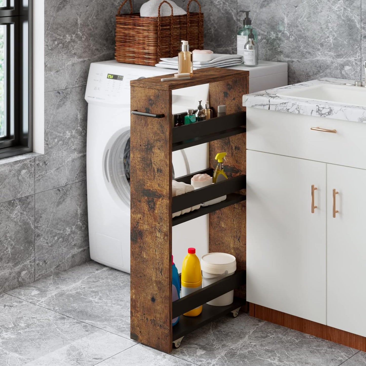 MARTY Slim Rolling Cart 4-Tier Utility Carts with Wheels Handle, Kitchen Storage Cart Slide Out Mobile Shelving Unit Organizer for Bathroom Laundry Room Organization Narrow Places (Rustic Brown)