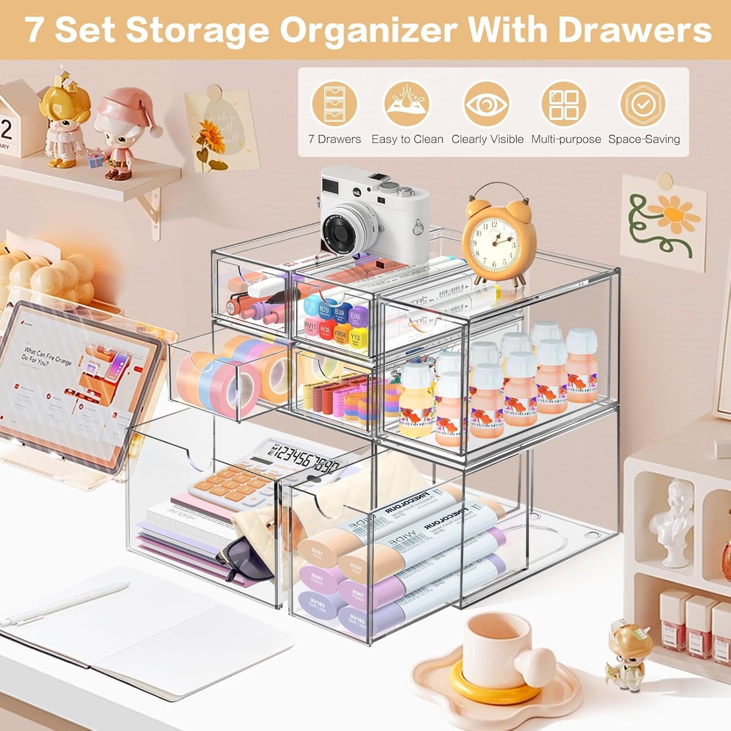 Desk Organizer with 7 Drawers, FODIENS 7 Packs Acrylic Stackable Desktop Storage Drawers Makeup Organizer, Clear Craft Storage Box Cabinets for Office Vanity Countertop Bathroom Bedroom